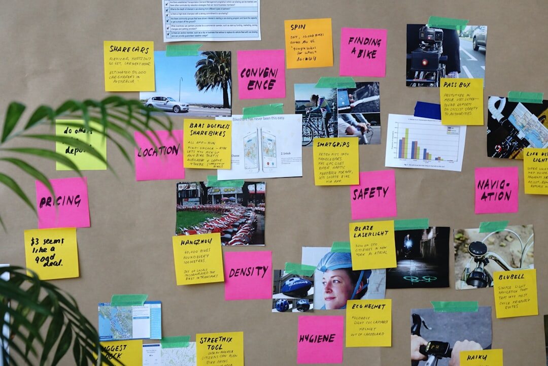 Editorial planning board with printed photos and notes